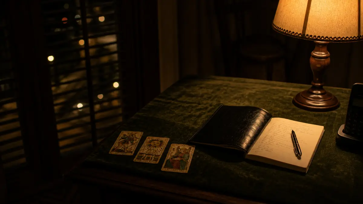 La mesa de consulta de madrugada, iluminada solo por la lámpara de pantalla ámbar, con el cuaderno y el teléfono.
