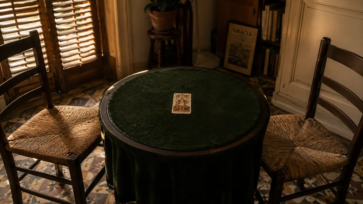 Dos sillas de enea vacías frente a frente junto a una mesa con una sola carta del tarot