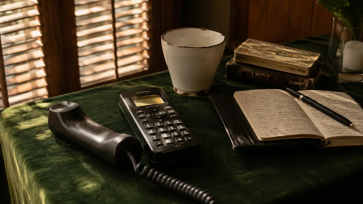 Teléfono fijo descolgado junto a un cuaderno de notas abierto y una taza sobre un mantel de terciopelo verde