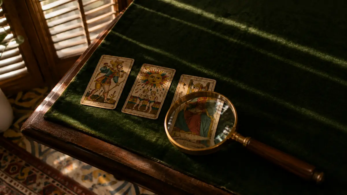 Tres cartas del Tarot de Marsella boca arriba con una lupa antigua de mango de madera apoyada junto a ellas.