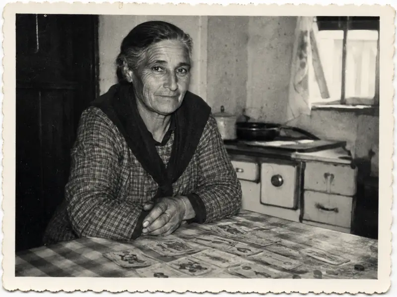 Fotografía antigua en blanco y negro de Carmen Ruiz, abuela de Marta Tezanos, con cartas de baraja española sobre el hule de la cocina